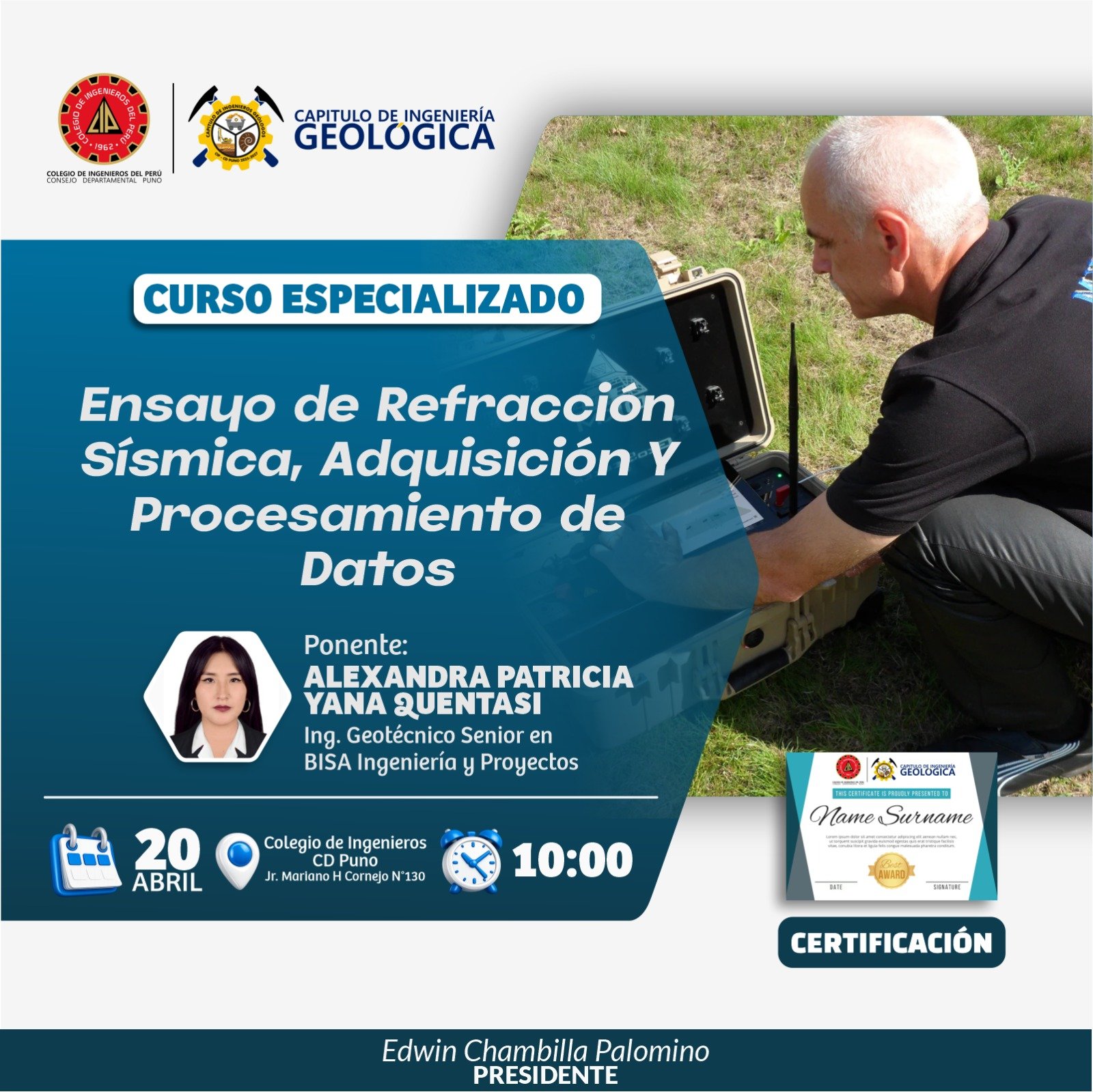 Flyer ENSAYO DE REFRACCIÓN SÍSMICA, ADQUISICIÓN Y PROCESAMIENTO DE DATOS